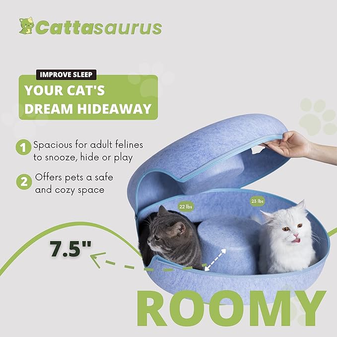 CATTASAURUS Peekaboo Cat Cave for Multiple & Large Cats Up to 30-45 Lbs, Scratch Detachable & Washable Tunnel Bed, Comfy Donut Cat Cave (Blue, Large) - PAWPICO