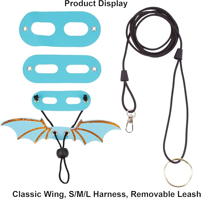 ADOGGYGO Bearded Dragon Harness, Blue, Wing Style, Animal Harness, 3 Size Pack, Soft Leather, Durable Nylon Rope, Removable Leash, Suitable for Baby to Adult Beardies ADOGGYGO