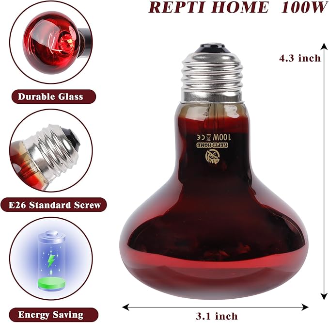 Reptile Heat Lamp,100W Red Basking Spot Lamp Bulb for Chickens Amphibians, Infrared Heat Emitter Light for Coop REPTIHOME