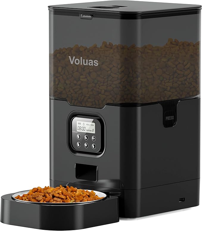 VOLUAS Cat Dry Food Dispenser with Timer, Automatic Cat Feeders with Desiccant Bag, Programmable Portion Size Control 4 Meals Per Day, 10s Voice Recorder - PAWPICO