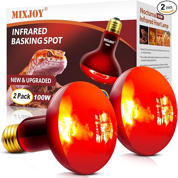 MIXJOY 100W Infrared Heat Lamp Bulbs, 2 Pack Reptile Infrared Heat Emitter Red Heat Lamp Bulbs Infrared Basking Light Bulbs for Reptiles, Bearded Dragon, Lizard, Tortoise, Chickens, Pets MIXJOY