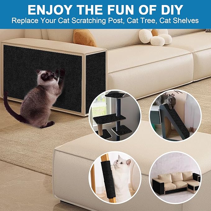 Cat Scratch Furniture Protector Pads with Self-adhesive Backing, 98.5"X15.8" Black Randomly Cutting Trimmable Cat Scratch Carpet Mat Post Tree Shelves Cover Replacement for Sofa,Wall,Couch,Door,Corner - PAWPICO