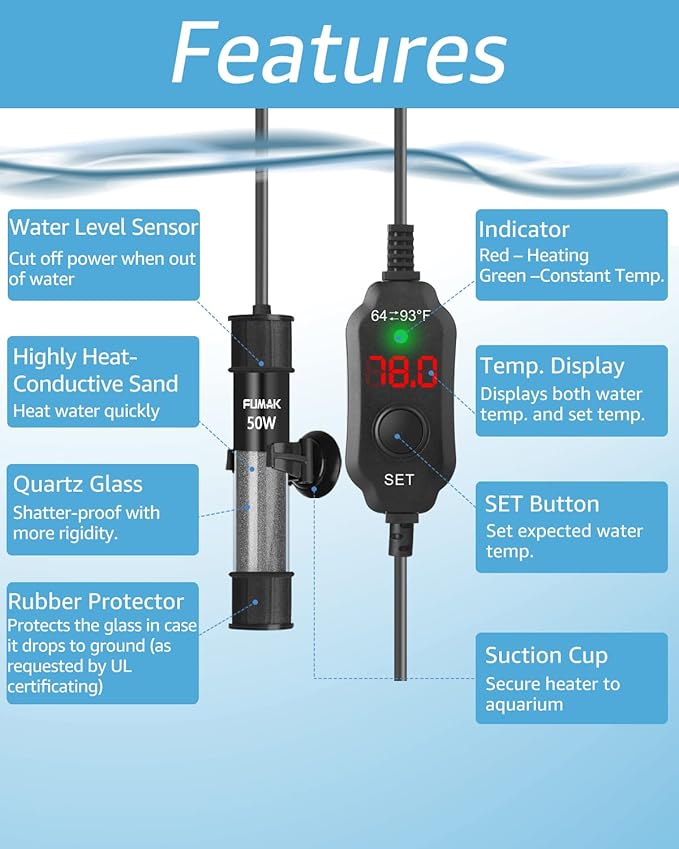 50W Adjustable Aquarium Heater Super Short Submersible Fish Tank Heater Fish Heater with LED Digital Display Thermostat, for Tanks 5-10 Gallons FUMAK