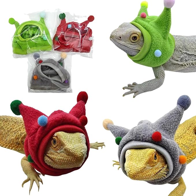 Bearded Dragon Hat - Winter Warm Lizard Cap with Horns & Pom Pom Ball Fun Halloween Outfit Bull Costume Elastic Headwear Accessories Anxiety Relief Ear Muffs for Reptile Fancy Rat Ferret (3 Pack) SEZDEKI