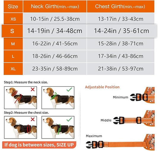 Timos Dog Harness, No Pull Dog Harness 3 Snap Buckles Adjustable Reflective No Choke Pet Vest for Small Dog with Soft Padded Control Training Handle for Outdoor Training,Flower Orange, S Timos