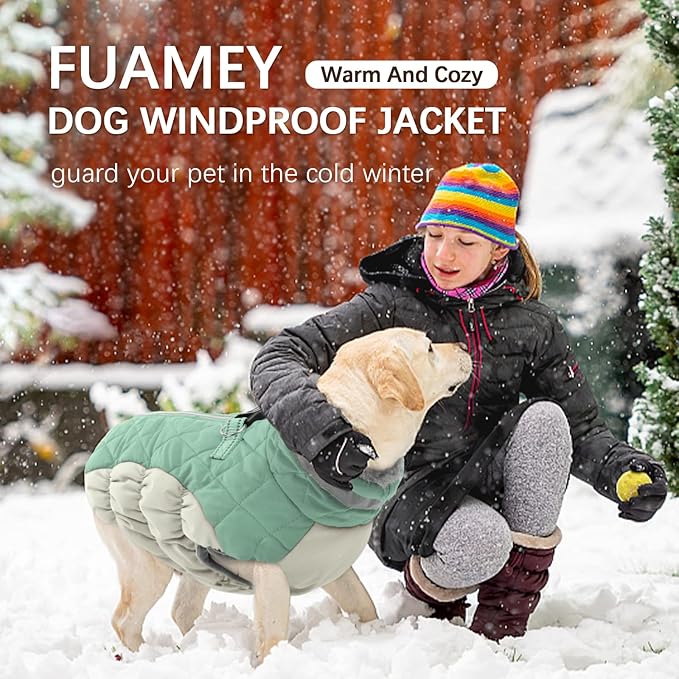 FUAMEY Dog Winter Jacket,Dog Cold Weather Coats Paded Dog Vest with Harness Built in Pet Warm Clothes Dog Apparel with Back Zipper Dog Water Resistant Coat for Small Medium Large Dogs Mint Green S - PAWPICO
