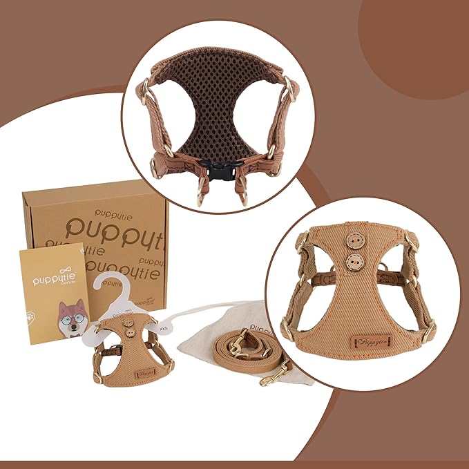 No Pull Dog Harness with Multifunction Dog Leash,Soft Adjustable No Choke Escape Proof Pet Harness Vest for Medium Dogs or Large Dogs,Khaki Camel,XS Puppytie