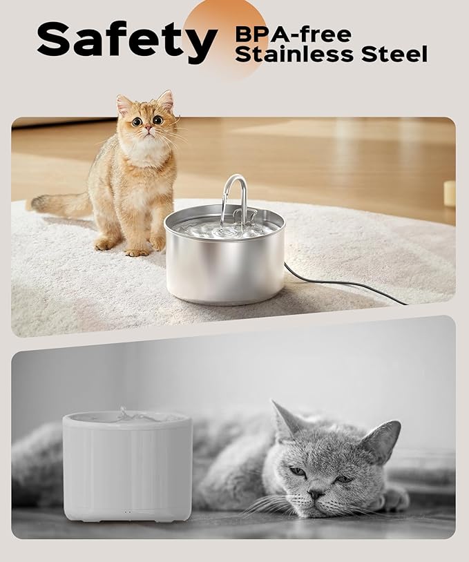 Stainless Steel Cat Water Fountain: Pet Fountains Indoor Metal Automatic Dispenser Cat Waterer Bowls Dog Faucet Bottle Pets 24/7 Running Watering for Drinking Quiet Pump with 1 Filter - PAWPICO