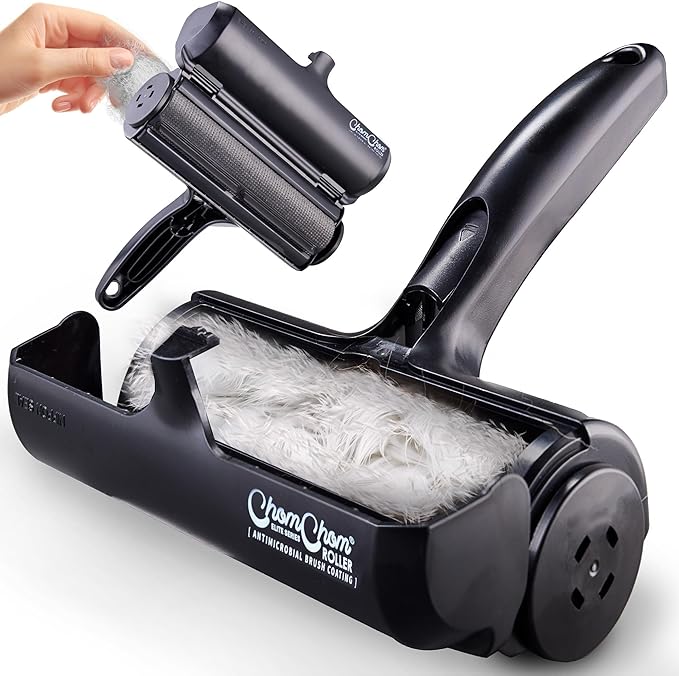 Chom Chom Roller Pet Hair Remover and Reusable Lint Roller - Black ChomChom Cat and Dog Hair Remover for Furniture, Couch, Carpet, Clothing and Bedding - Portable, Multi-Surface Fur Removal Tool - PAWPICO