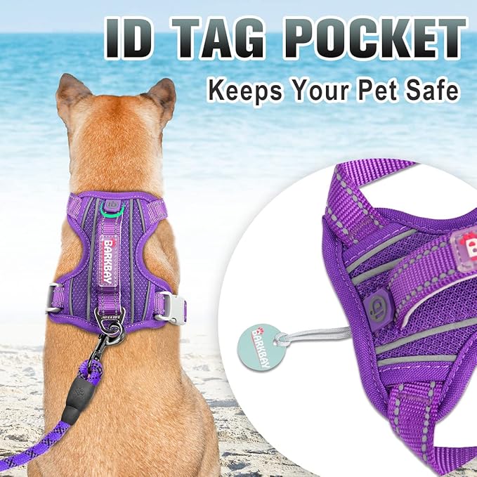 BARKBAY No Pull Dog Harness Large Reflective Dog Harness with Front Clip and Easy Control Handle for Walking Training Running with ID tag Pocket(Purple,L) BARKBAY