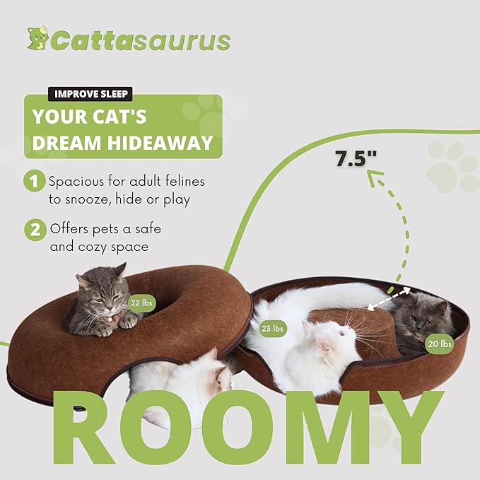 CATTASAURUS Peekaboo Cat Cave for Multiple & Large Cats Up to 30-45 Lbs, Scratch Detachable & Washable Tunnel Bed, Comfy Donut Cat Cave (Brown, Large) - PAWPICO