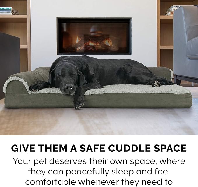 Furhaven Orthopedic Dog Bed for Large Dogs w/ Removable Bolsters & Washable Cover, For Dogs Up to 95 lbs - Two-Tone Plush Faux Fur & Suede L Shaped Chaise - Dark Sage, Jumbo/XL - PAWPICO