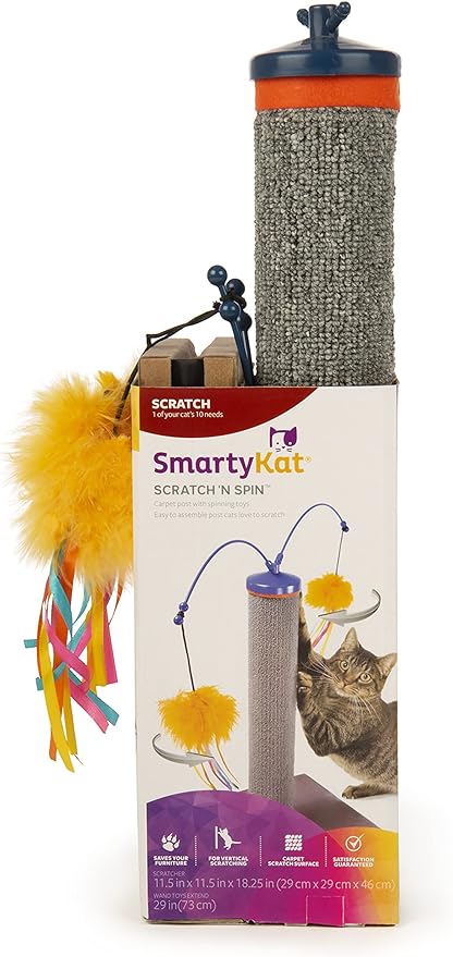SmartyKat Scratch 'N Spin Carpet Cat Scratching Post with Spinning Wand Toys - Gray, One Size - PAWPICO
