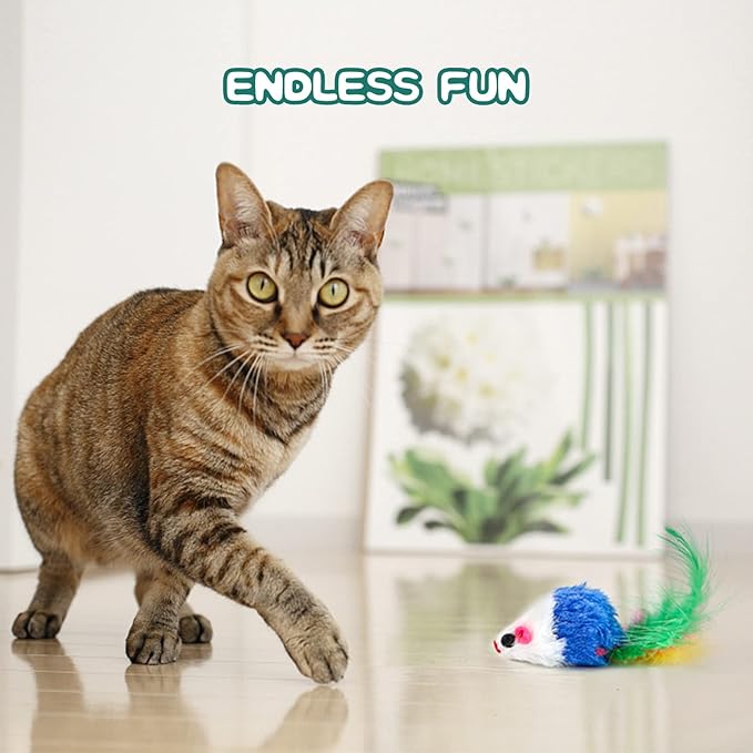 FYNIGO Cat Mouse Toys,17 PCS Cat Toy Mice Rattle Set,Interactive Cat Toy for Indoor Cats and Kittens,Assorted Color Catnip Toys with Feather Tail - PAWPICO