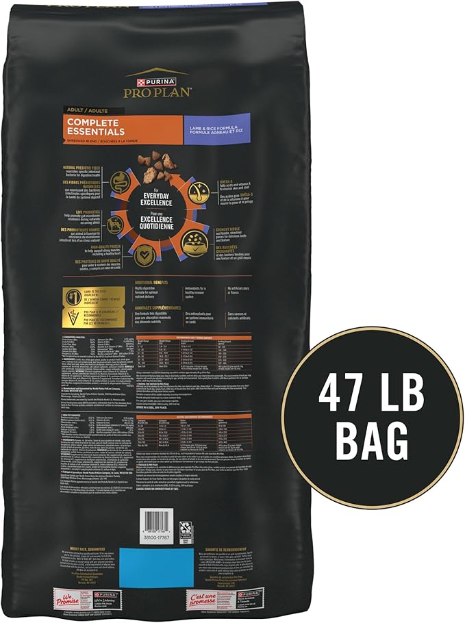 Purina Pro Plan Complete Essentials Shredded Blend Lamb and Rice High Protein Dog Food with Probiotics for Dogs - 47 lb. Bag - PAWPICO