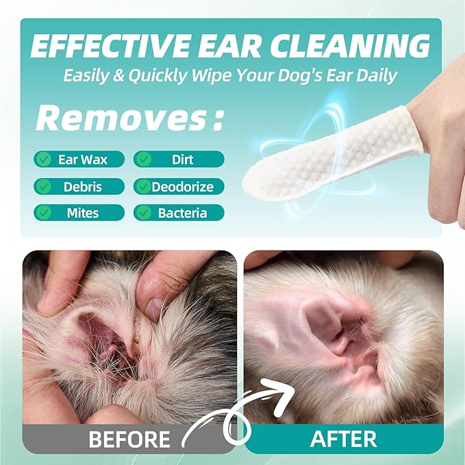 Dog Ear Cleaner Finger Wipes - Grooming Kit Care for Dogs and Cats Regular Soothing Odor Control Reduce Dirt Wax Build Up Pet Supplies Easy to Use Fresh Coconut Scent 100 Pcs ANTONDOLL