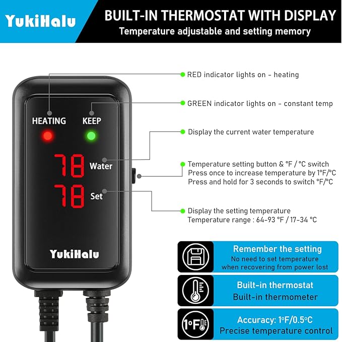 YukiHalu Aquarium Heater 50/100/200/300/500W with Protective Case, Fish Tank Heater, Temperature Adjustable, External Temperature Controller, LED Display, Used for 10/20/40/75/120 Gallons (100W) YukiHalu