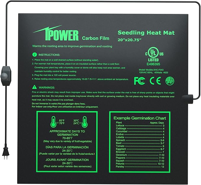 iPower 20" x 20.75" Seeding Heat Mat with Thermostat Temperature Adjustable Knob Durable Warm Hydroponic Plant Germination Starting Pad, Black iPower