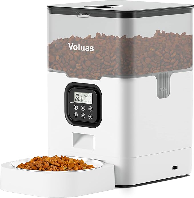 VOLUAS Automatic Cat Feeders - Dry Food Dispenser with Timer, Desiccant Bag, Programmable Portion Size Control 4 Meals Per Day, 10s Voice Recorder - PAWPICO