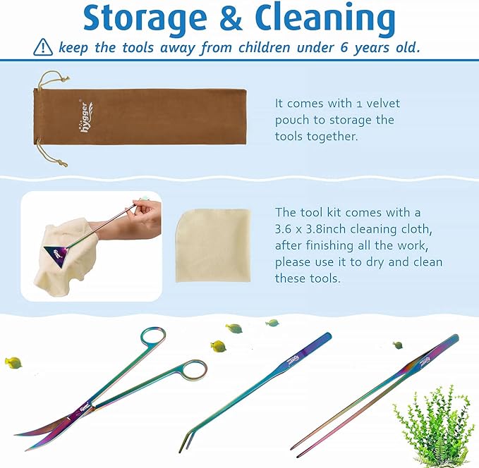 hygger 6-in-1 Long Aquarium Aquascaping Tools Kit, Color Stainless Steel Premium Aquatic Plant Tweezers Scissors Spatula Kit Comes with 1 Tool Holder and 1 Cleaning Cloth, for Fish Tank Starters hygger