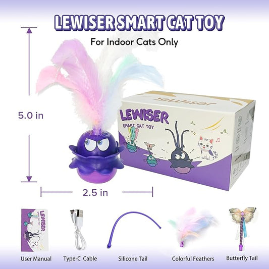 LEWISER Cat Toys Monster, 3in1 Rechargeable Automatic Interactive Cat Toy for Indoor Cats Exercise, Real Feathers, Silicone and Butterfly Tail, LED Lighting, Mice Squeak Chirping, Purple - PAWPICO