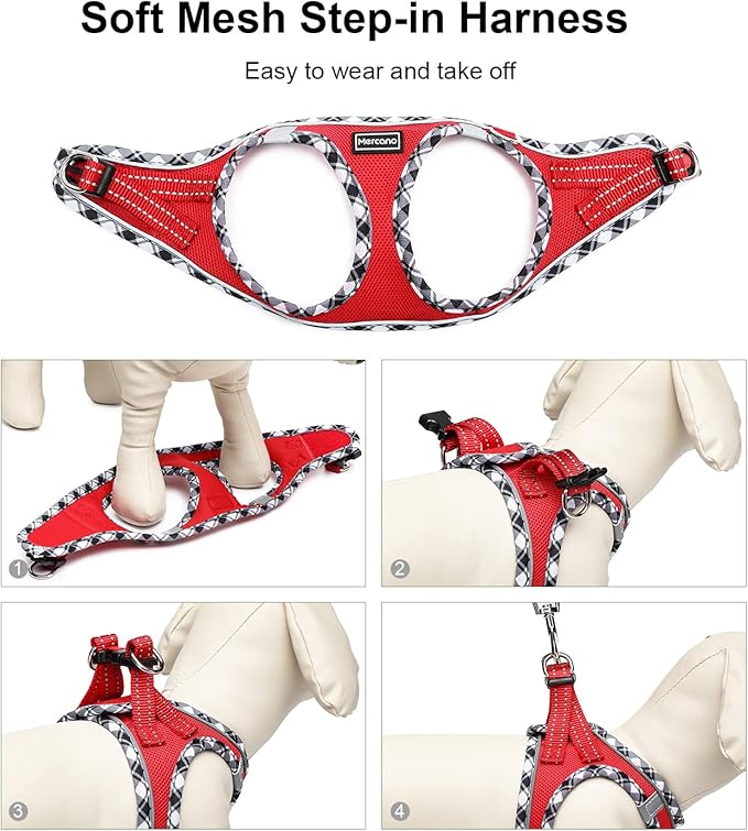 Mercano Soft Mesh Dog Harness and Leash Set, No-Chock Step-in Reflective Breathable Lightweight Easy Walk Escape Proof Vest Harnesses with Safety Buckle for Small Medium Dogs, Cats (Red, L) PAWPICO