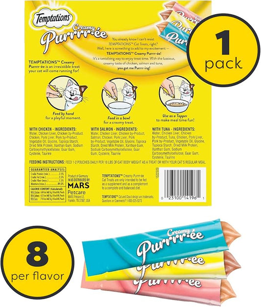 Temptations Creamy Puree with Chicken, Salmon, and Tuna Variety Pack of Lickable, Squeezable Cat Treats, 0.425 Oz Pouches, 24 Count Temptations