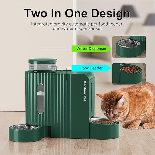 Gardner Pet Automatic Gravity Cat Food Feeder and Water Dispenser Stainless Steel Two-in-One Set Large Capacity Dispenser for Pets Dogs, Puppies, Kittens - PAWPICO