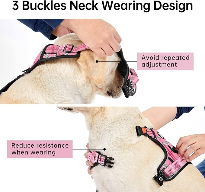 IVY&LANE No Pull Dog Harness with Leash Set, Reflective No Choke Pet Vest,Adjustable Oxford Dog Vest Harness with Easy Control Handle for Large Dogs (Checkered Pink,XL) IVYLANE