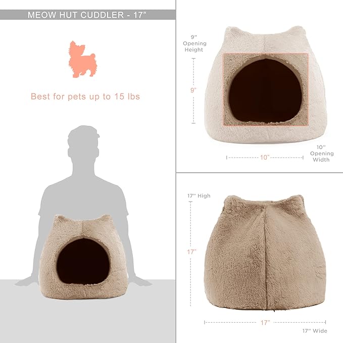 Best Friends by Sheri Meow Hut in Fur Cover Dome Cat and Dog Bed, Wheat, Small - PAWPICO