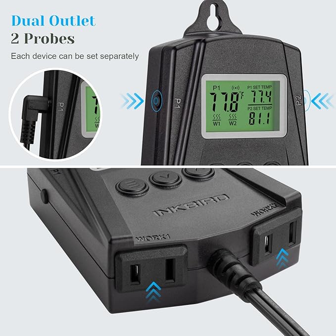 Inkbird WiFi Heat Mat Reptile Thermostat Controller Temperature Controller with 2 Probes and 2 Outlets, IPT-2CH Reptiles Heat Mat Thermostat (Max 250W per Outlet) Inkbird