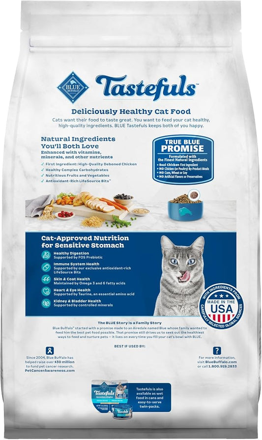 Blue Buffalo Tastefuls Adult Dry Cat Food Sensitive Stomach Formula, Made in the USA with Natural Ingredients, Chicken Recipe, 7-lb. Bag - PAWPICO