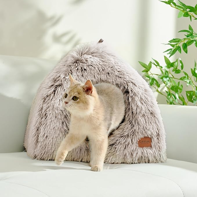 CATISM Cat Bed, Cat Cave for Indoor Cats, Soft Cat Dome, Self-Warming 2 in 1 Foldable Pet Cat House with Washable Cushioned Pillow Calming Fluffy Dog Beds for Small Dogs with Anti-Slip Bottom Brown - PAWPICO