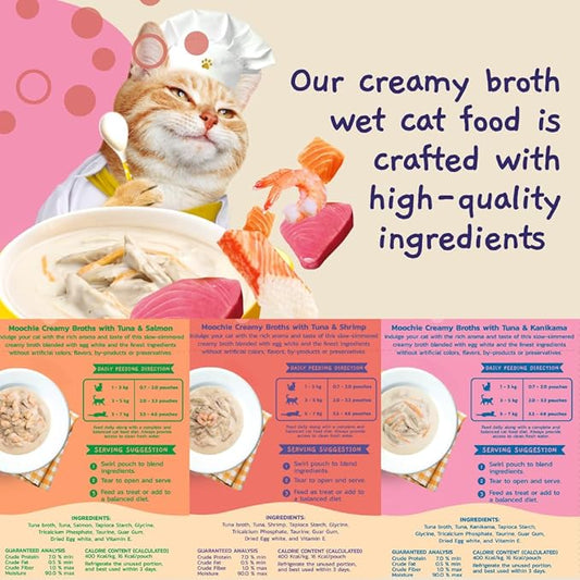 MOOCHIE Grain Free Creamy Seafood Multipack Cat Broth - Real Salmon, Shrimp, Kanikama - No Artificial Flavors or Preservatives - 16 x 1.4 oz Pouch - PAWPICO