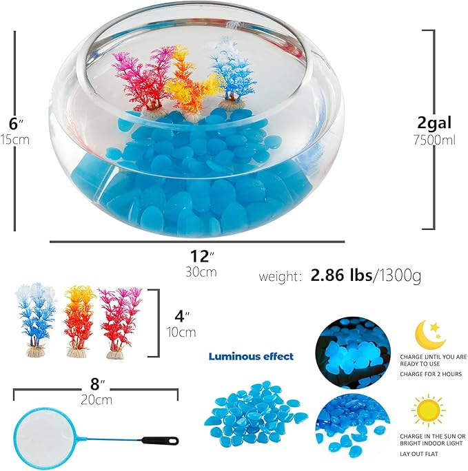 2 Gallon Glass Fish Bowl with Decor, Include Fluorescent Stones & Colorful Plastic Trees, High White Glass for Clear View, Small Fish Bowl/Vase/Aquarium for Betta Fish/Goldfish, Nice Home Décor LAQUAL