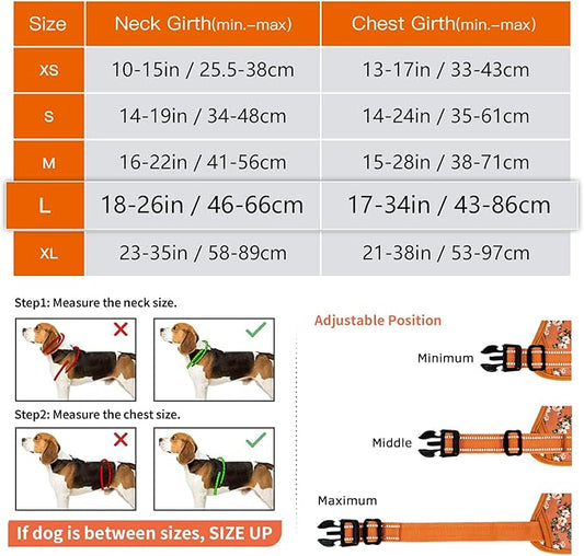 Timos Dog Harness for Large Dog, No Pull Service Vest with Reflective Strips and Control Handle,No Choke Dog Harness with 2 Metal Rings for Easy Walking,Outdoor Training,Flower Orange, L Timos