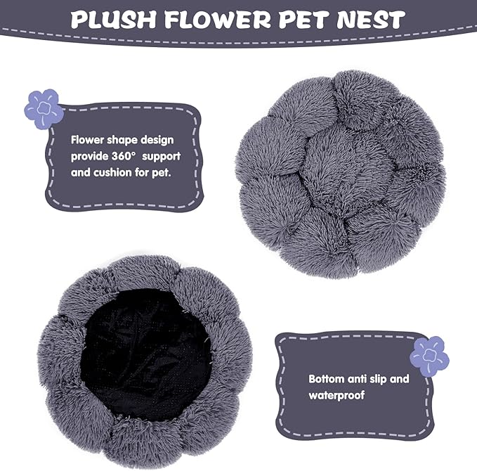 Cat Bed Cute, 23.6" Washable Grey Donut Bed for Indoor Cats and Small Dogs, Soft Cute Flower Fluffy Round Donut Cat Beds, Anti Anxiety Pet Bed, Self-Warming Bed, Dark Grey - PAWPICO