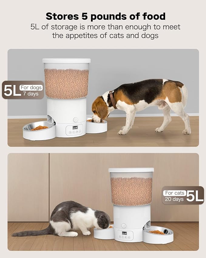 SURDY Automatic Cat Feeder for 2 Cats, 3L Cat Food Dispenser Auto Cat Feeder with 2 Stainless Bowls, 10s Meal Call Dual Power Supply and Timer Setting 12 Portions 6 Meals Per Day for Cats (White, 5L) - PAWPICO