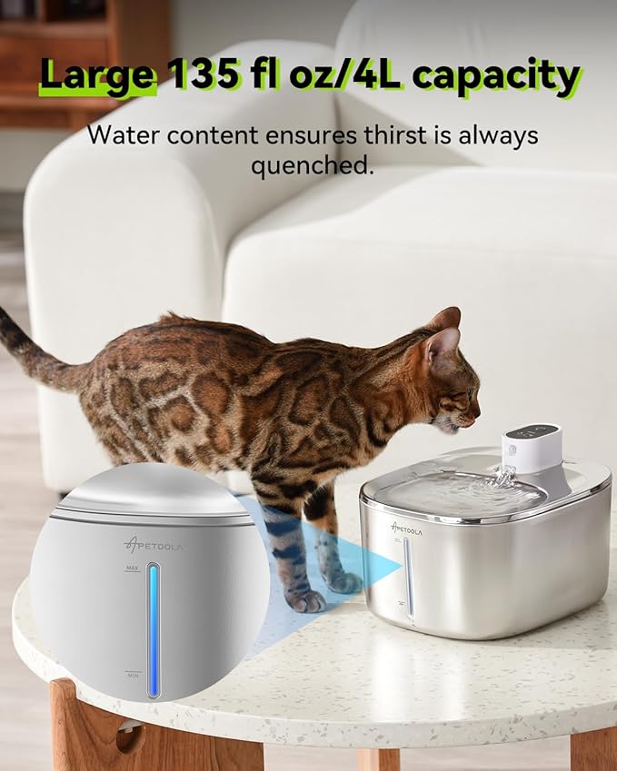 Wireless Cat Water Fountain, 135 fl oz/4L Battery Operated Cat Fountain Stainless Steel with Water Level Window, 3 Work Modes, Cordless Pet Water Fountain for Cats, Dogs, Pets, Inside - PAWPICO