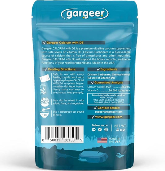 4oz All Reptile Calcium Powder with Vitamin D3, Phosphorus-Free, Ultrafine Powder, Pure Dust & Ready to Use for All Reptiles, Lizards & Amphibians Supplement. Made in The USA. Enjoy ! Gargeer