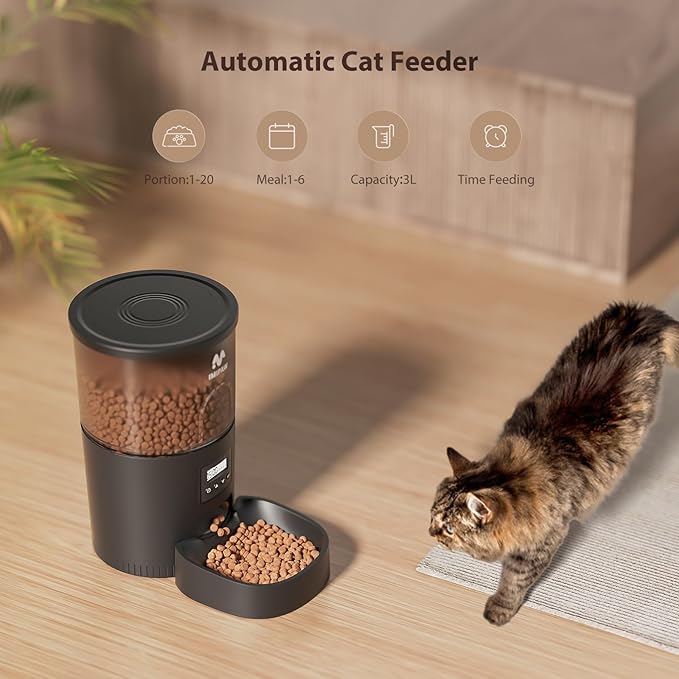 Automatic Cat Feeders, 3L Timed Cat Dry Food Dispenser, Dual Power Supply, Programmable Portion Size, 1-6 Meals Per Day, Auto Pet Feeder for Cats and Small Dogs - PAWPICO