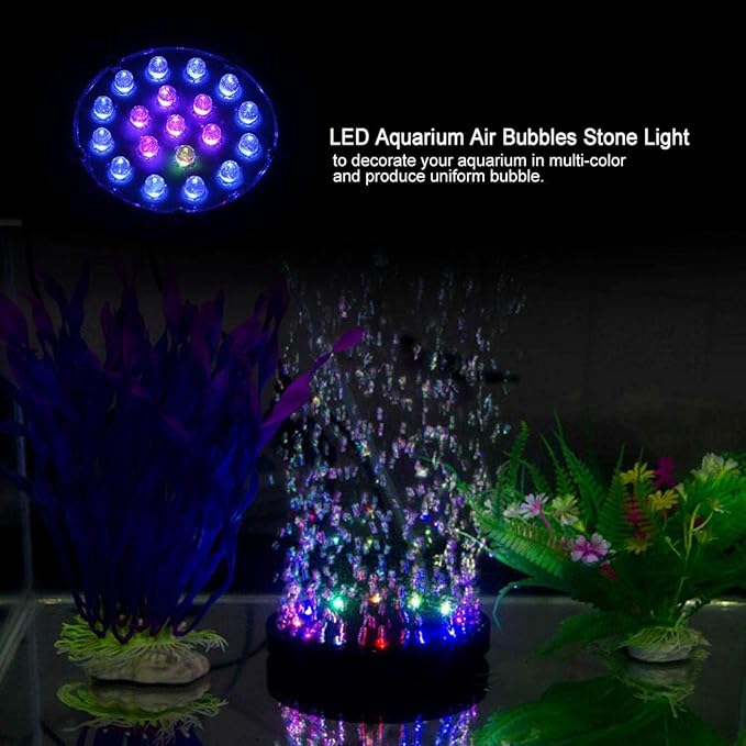 Aquarium Air Stone, 19 LEDs Round Bubble Generator Fish Bubble Light Air Pump Bubble Stone Lamp Colorful Fish Submersible Light Aquarium air Bubble Light Pssopp