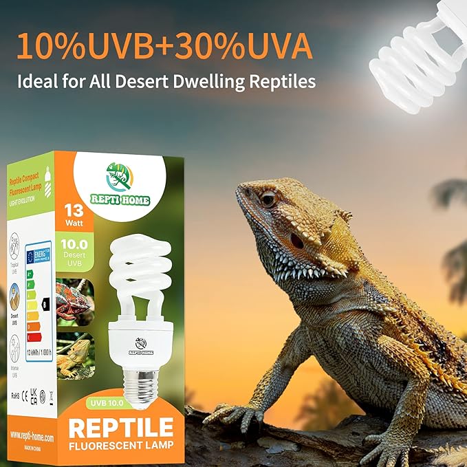 UVB Reptile Light 10.0, 13W Desert UVA UVB Bulb for Reptiles, Compact Desert Terrarium Lamp, Reptile UVB Light Bulb for Bearded Dragon, Lizard, Tortoise, Snake, Gecko REPTIHOME