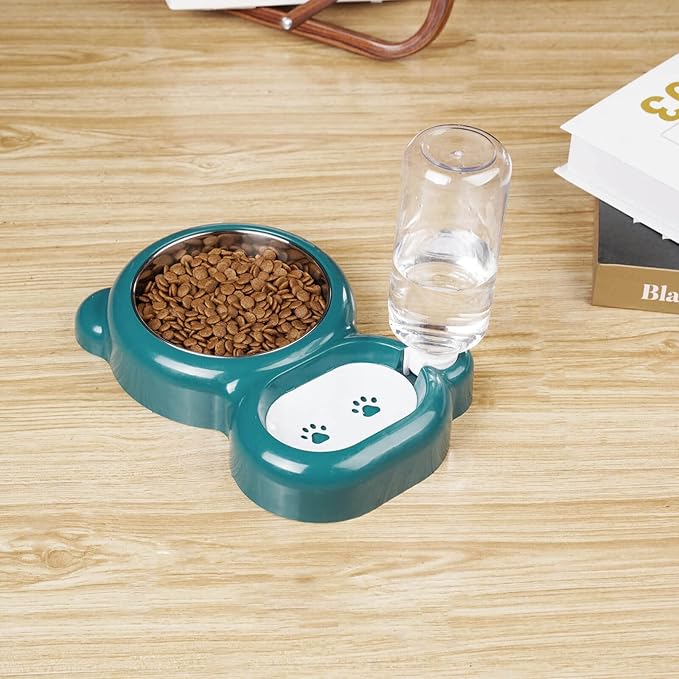 Dog Bowls, Cat Food and Water Bowl Set with Water Dispenser and Stainless Steel Bowl for Cats and Small Dogs - Dark Green - PAWPICO