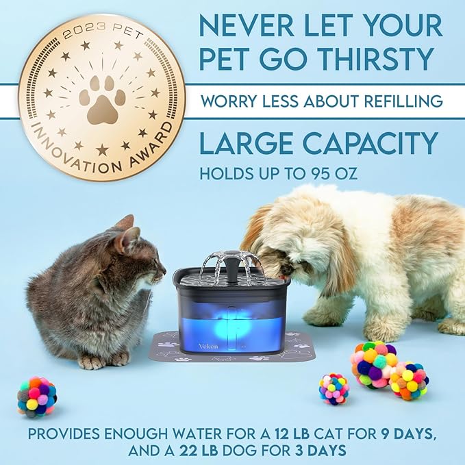 Veken 95oz/2.8L Pet Fountain, Automatic Cat Water Fountain Dog Water Dispenser with Replacement Filters for Cats, Dogs, Multiple Pets (Space Black, Plastic) - PAWPICO