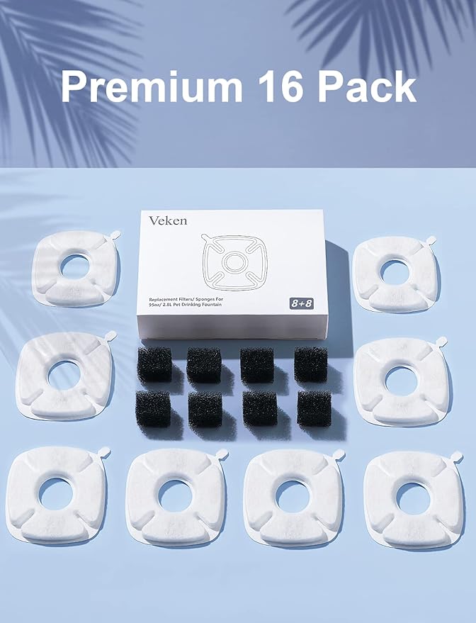 Veken Cat Water Fountain Filter, Classic 8 Pack Replacement Filters & 8 Pack Replacement Pre-Filter Sponges for 67oz, 95oz, 135oz Automatic Pet Fountain Dog Water Dispenser - PAWPICO