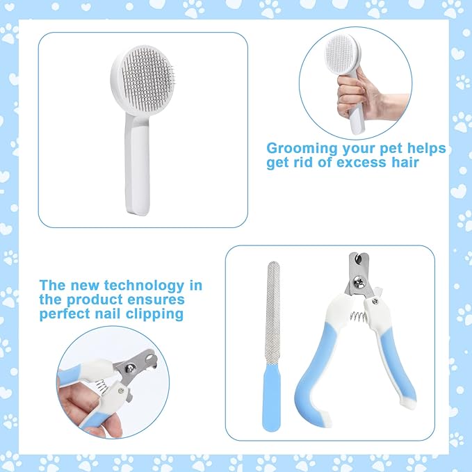 VCZONE 8 Pcs Cat Brush Grooming Kits, Pet Self Cleaning Kit with Pet Nail Clipper and File, Flea Comb, Pet Shampoo Bath Brush, Pet Shedding Brush, Silicone Toothbrush (Blue) - PAWPICO