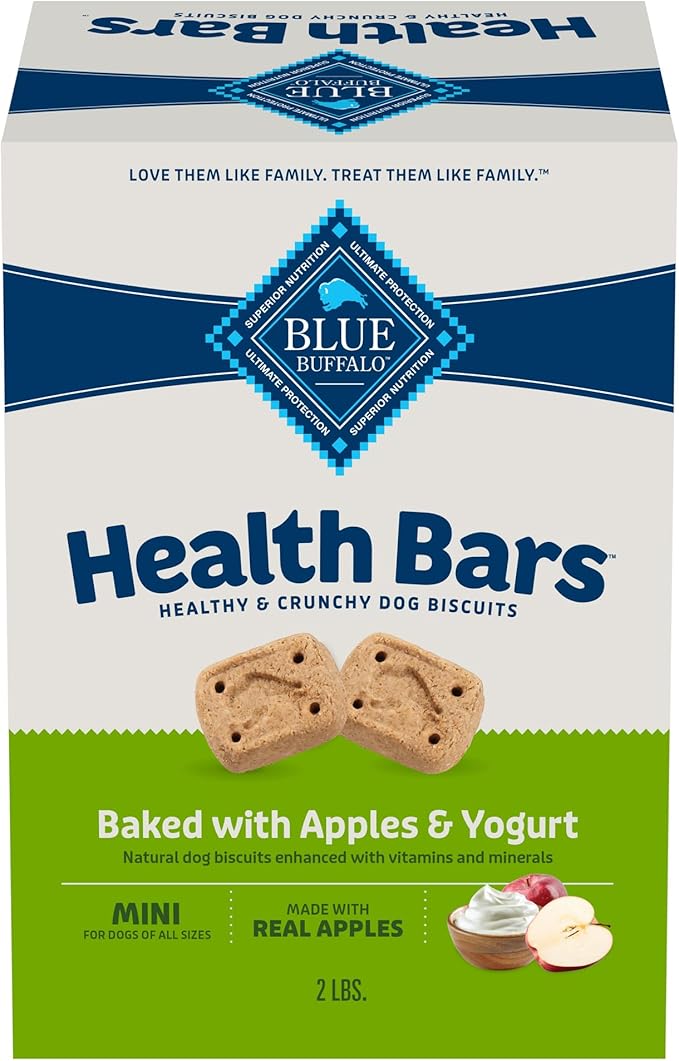 Blue Buffalo Mini Health Bars Crunchy Dog Biscuits, Oven-Baked With Natural Ingredients, Apples & Yogurt, 2-lb Box - PAWPICO