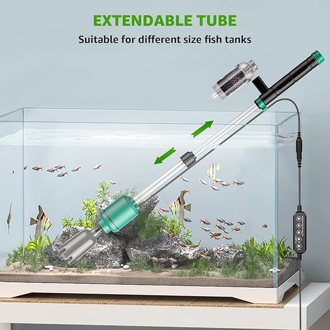 24W Fish Tank Vacuum Gravel Cleaner: Electric Aquarium Vacuum Cleaner with Strong Suction for Automatic Water Change, Remove Dirt Sand Wash Water Shower and Water Circulation, Timed Off Suness