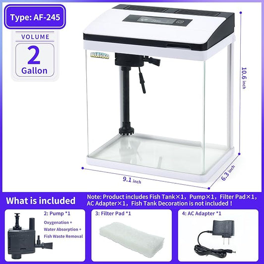 2 Gallon Glass Aquarium Fish Tank Starter Kit with Temperature for Betta Fish Featuring Crystal Clear 360° Viewing, Eco-Cycle Filtration, Air Pump Bluecoco